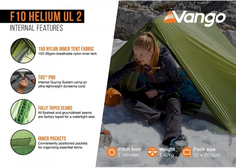 Vango F10 Helium UL 2 Ultralichte Trekking Tunneltent - 1/2 Persoons - Groen 8 Vango F10 Helium UL 2 Ultralichte Trekking Tunneltent - 1/2 Persoons - Groen - Afbeelding 6
